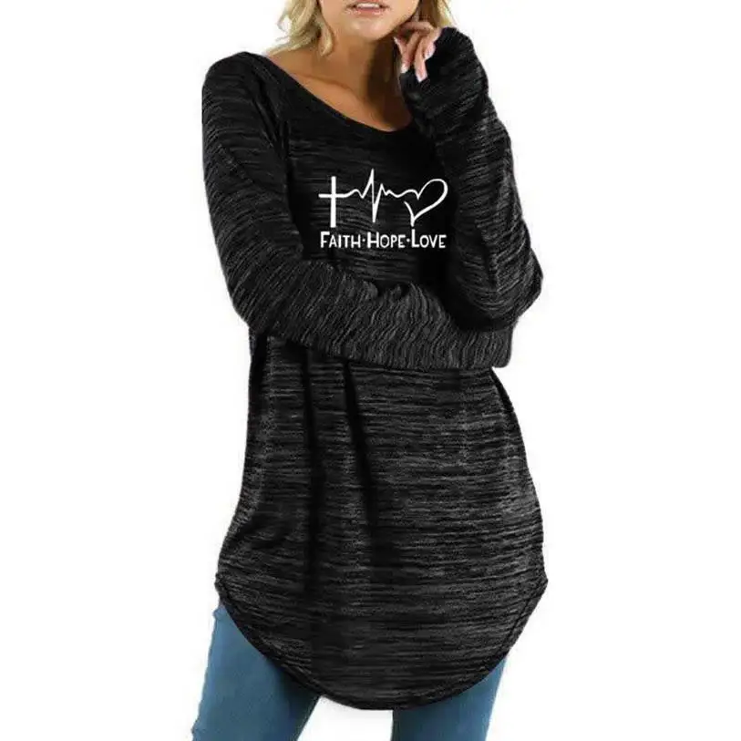 

2019 Fashion Round Neck Irregular Long Sleeve Faith Hope Love Geometric Print T-Shirt for Women Plus Size Harajuku Tops Summer