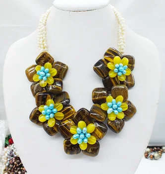 

NO-315# Excellent ! freshwater pearls, semi-precious stones Flower Necklace