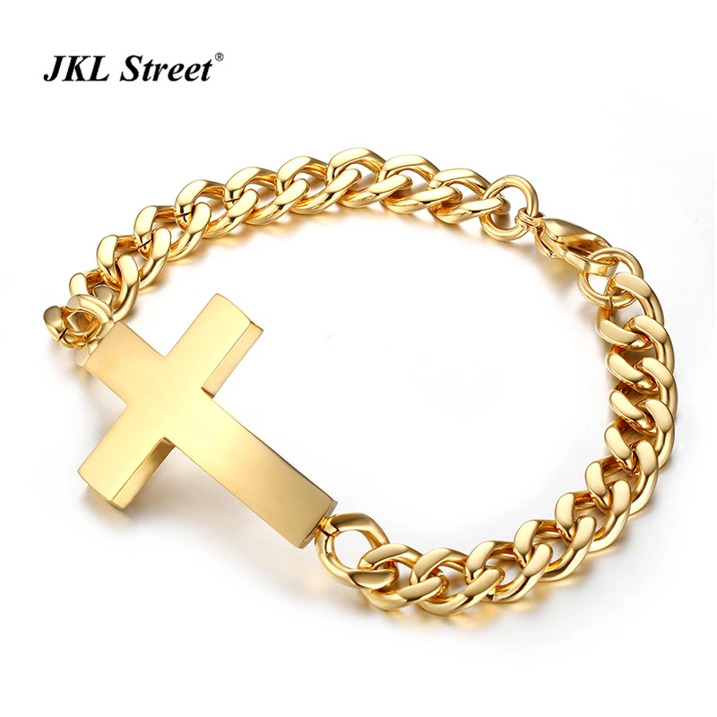 Gold color Cuban Chains with Cross Men Bracelets Jesus Bangles for Men