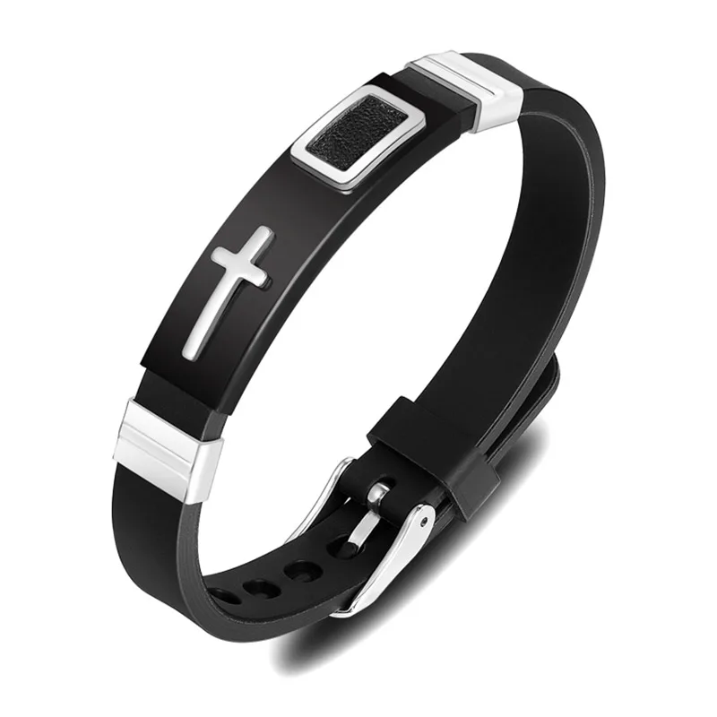 Men Silicone Rubber Bracelet Stainless Steel Cross Trendy Bracelets