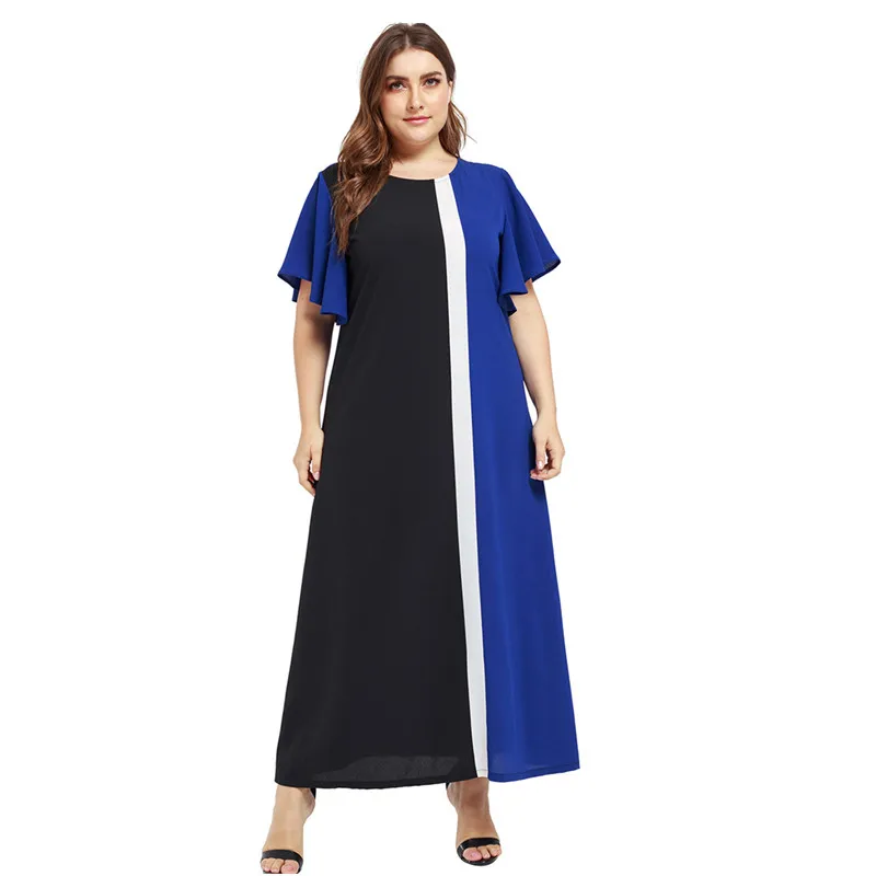 

Plus Size Dress for Woman 4XL 5XL Long Maxi Dress Short Sleeve Contrast Color Patchwork Big Size Loose Vestidos Dress HY88004