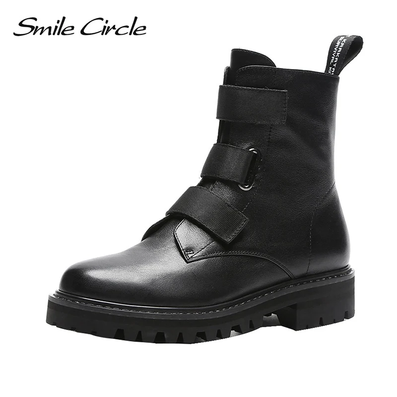 

Smile Circle Woman Genuine Leather boots High-quality Black Fashion Punk Booties 2018 winter Ladies Shoes