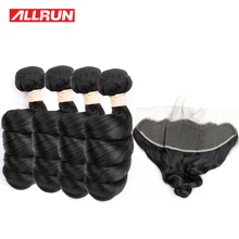 Allrun Malaysian 4 Bundles Loose Wave With 13*4 Lace Frontal Closure Human Hair Weave Natural Color Non Remy Hair 5Pcs/lot