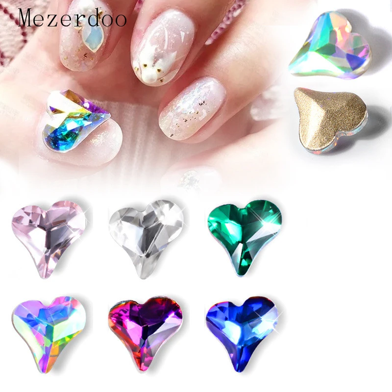 10 Pcs Crystal Glitters Nail Heart Rhinestones DIY Sharp End AB Gems