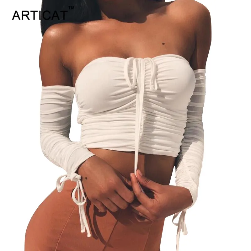 

Articat Sexy Long Sleeve T Shirt Women Crop Top Elastic 2017 Autumn Slash Neck Short Women Tops Nightclub Cropped Top Tees Shirt