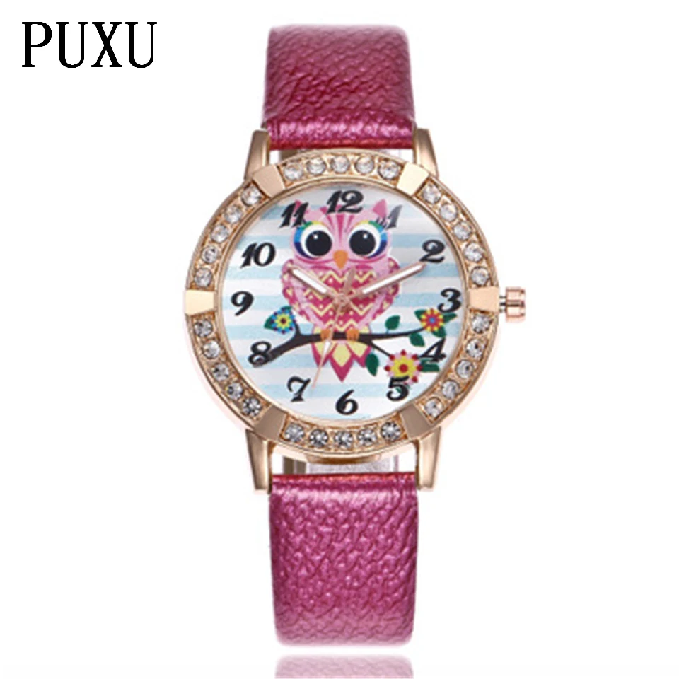 

PUXU Brand New Arrival Women Diamond Watches Fashion Gold Dress Watches Owl Cartoon Children Quartz Wristwatch Simple Clock