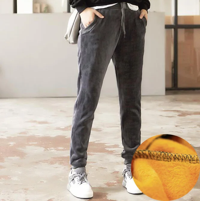 

#1940 Autumn Winter Pleuche Pants Women Velvet Track Harem Pants Female Black/Grey Keep Warm Thick Fleece Trousers Elastic Waist
