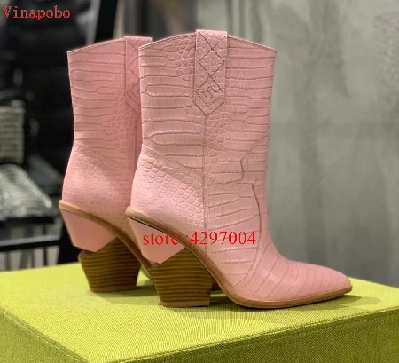 Spring New Cowboy Boots For Women Pointed Toe ankle Boots snake pattern Mid-calf Women Boots Chunky Wedges Boots Runway - Цвет: as the picture