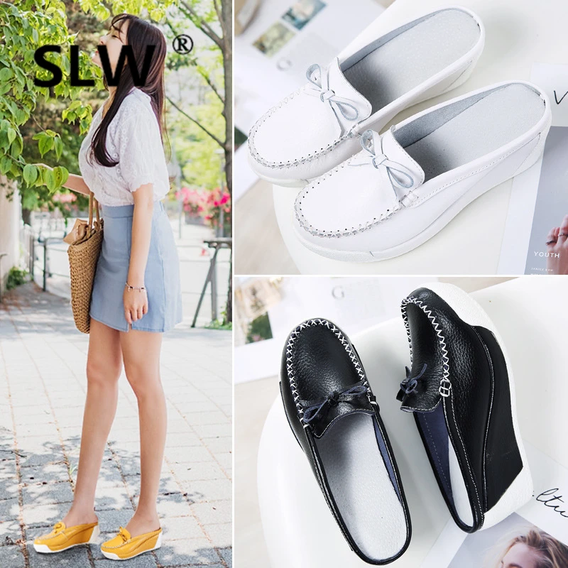 

mules Round Toe Butterfly-knot high heel and platform Sewing High Wedges soft Fabric leather summer spring black