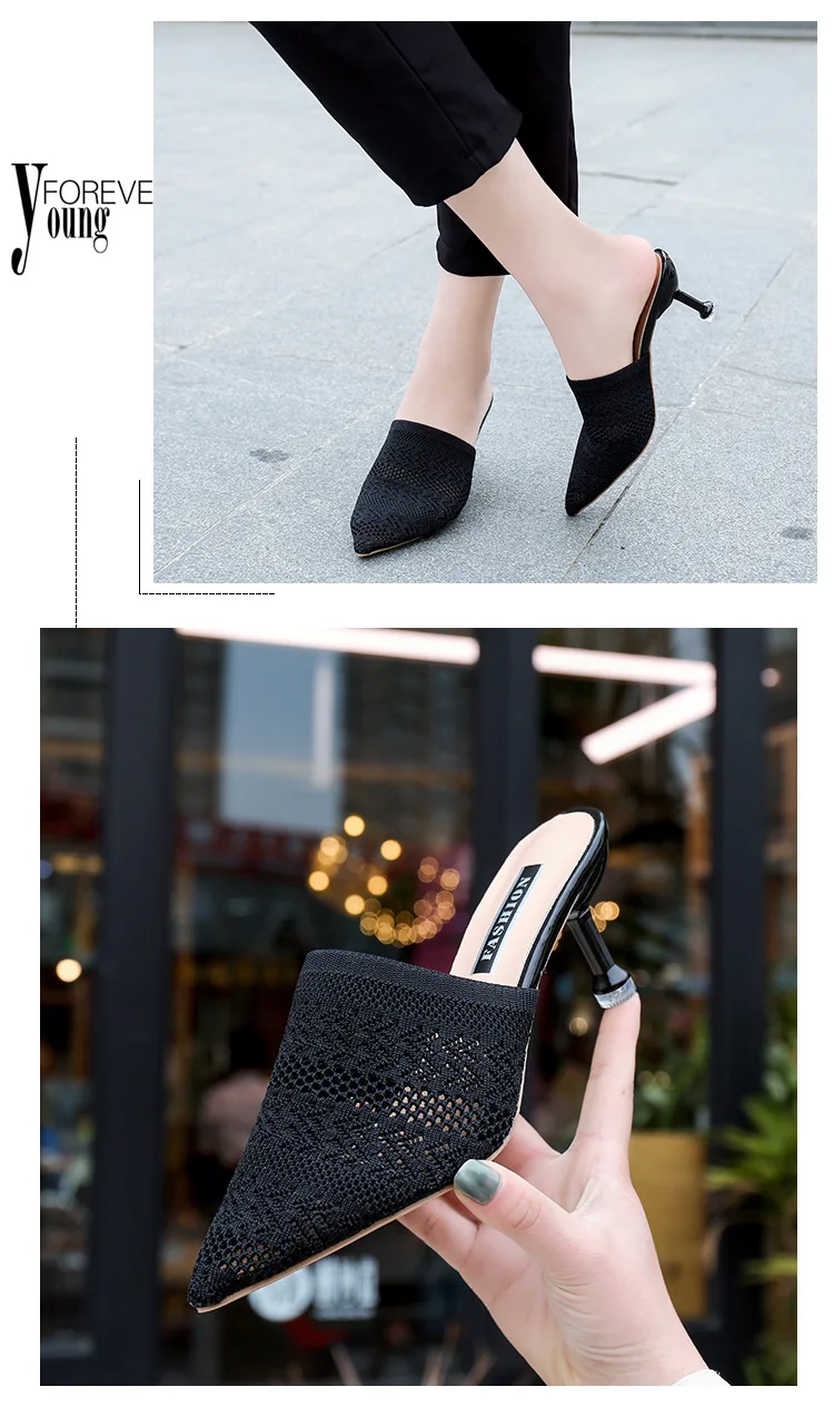 Candy-colored slippers summer new pointed Knit with high heels slippers Female sandals Sandalias femenina Women Shoes