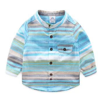 

2-9 10 Years Boys Long Sleeve Shirt 2018 Spring Autumn Mandarin Collar Pocket Colorful Striped Baby Kids Boy Shirts For Children