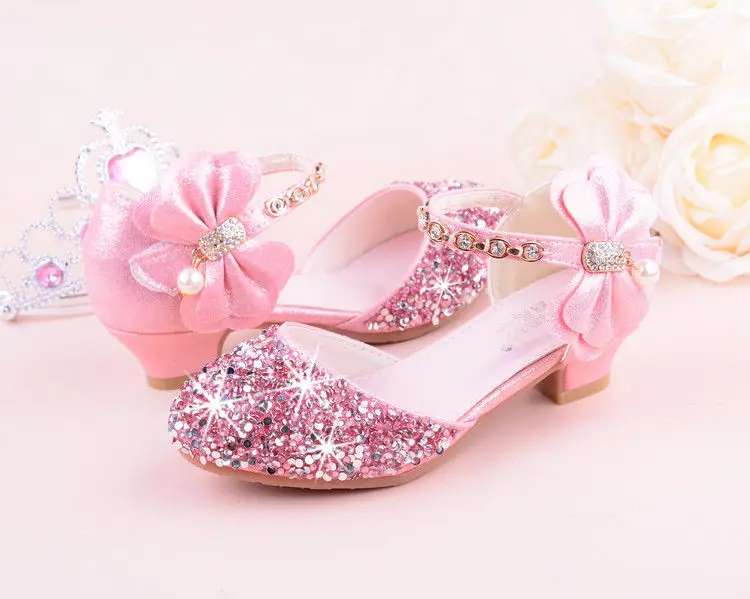 Girls Bow-knot Princess Shoes with High-Heeled, Kids Glitter Dance Performance Summer Shoes, Purple, Pink& Silver 26-38