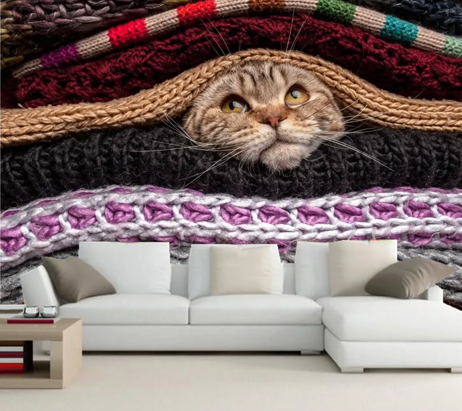 

Custom 3d wall mural,Cat Glance Sweater Animals wallpaper papel de parede,living room sofa TV wall children bedroom wallpaper