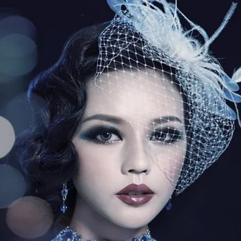 

Ms tire bride hair white gauze veil headdress feathers bow hair hairpin black white purple red 1pcs