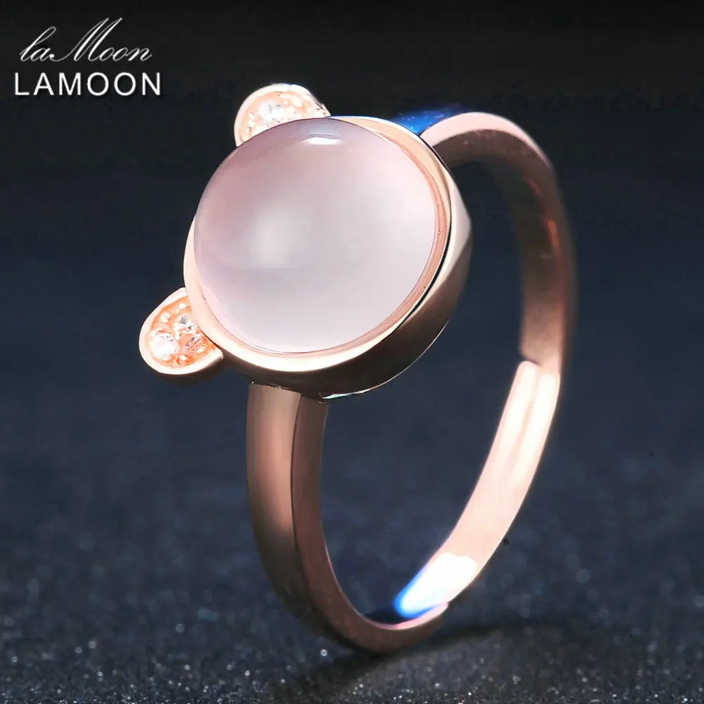 LAMOON Lovely Bear Natural Rose Quartz 925 Sterling Silver Jewelry Wedding Ring with S925 For Women LMRI046