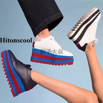 

Top Fashion Autumn High Platform Shoes Woman Genuine Leather Lace UP Casual Flats Shoe Round Toe Striped Bottom Zapatillas Mujer