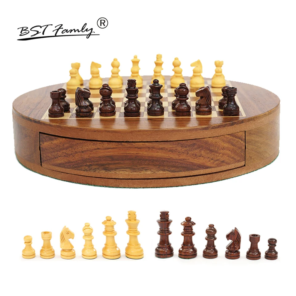 

BSTFAMLY Wood Chess Set Portable Game of International Chess Magnetic Box Circular Chessboard Wooden Chess Pieces Chessman I42