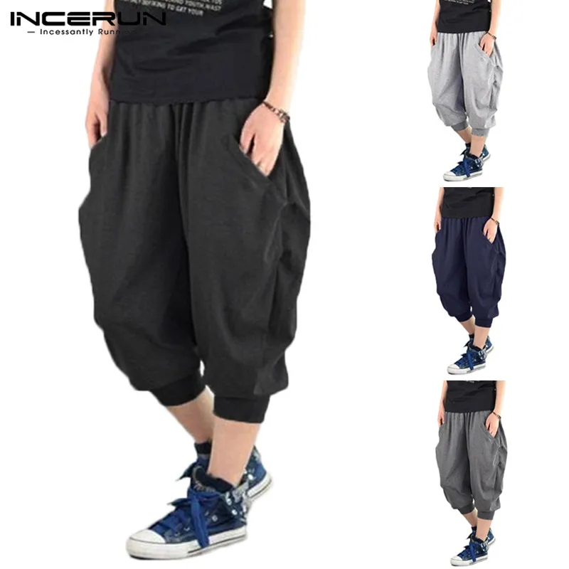 

INCERUN Solid Color Men Sweatpants Harem Pant Hiphop Calf Length Pants For Men Baggy Loose Fitness Jogger Dance Elastic Cuff 5XL
