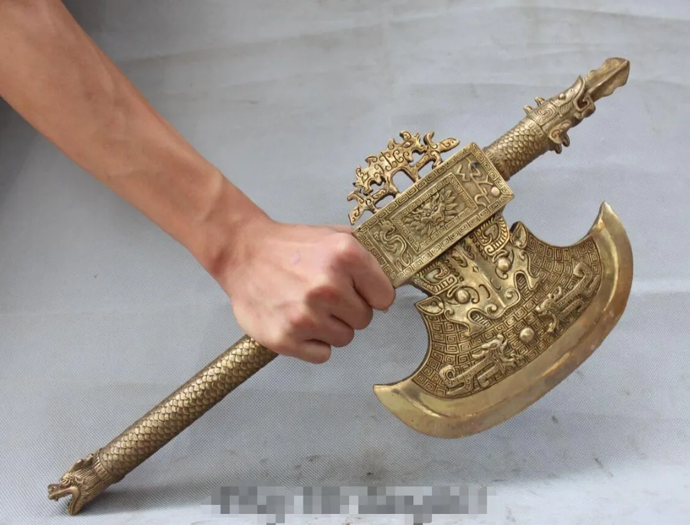 20" Chinese Folk Brass Weapon Arms Dragon Handle Axe Hatchet Copper Ax