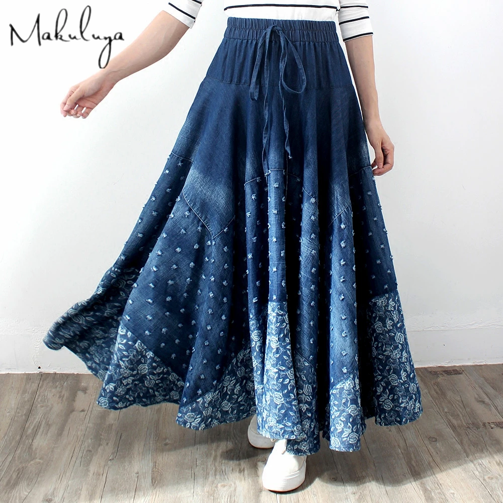 

Makuluya Spring Summer Autumn Women's Vintage Ethnic Lattice Printing Bohemian Spliced Denim Long Pleated Hole Skirts Female L6