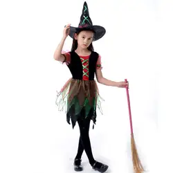 Красивые маленькие девочки ведьмы CosplayCostume фантазии детей костюмы на Хэллоуин рождественские платья + шляпа