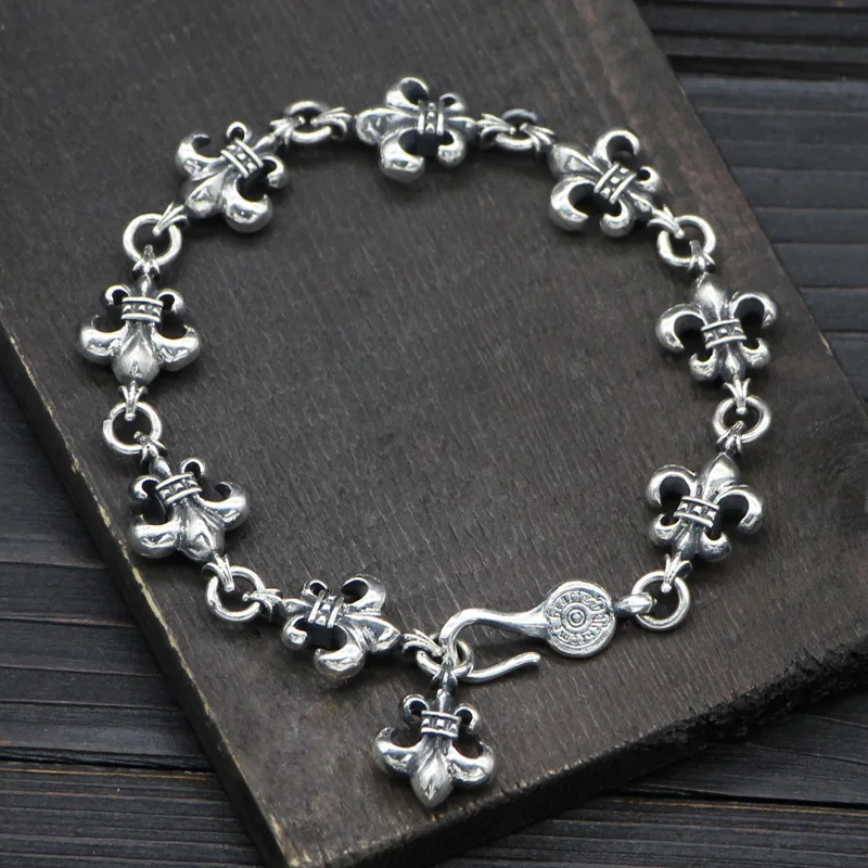 Starfield S925 Sterling Silver Retro Thai Silver Navy Style Silver Flower Male Female Bracelet