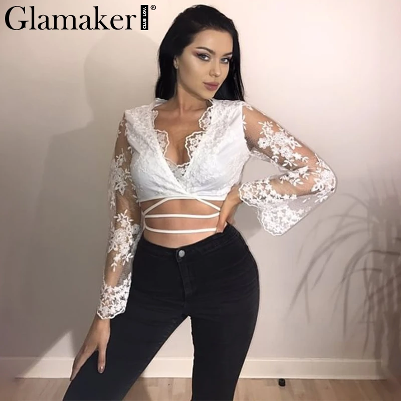 

Glamaker Elegant flower embroidery mesh blouse shirt Sexy transparent v neck lace blouse women shirts Long sleeve crop top tees