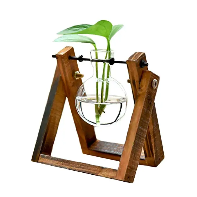 Glass Wood Planter Bulb Vase Terrarium Table Hydroponics Plant Bonsai Flower Pot Hanging Pots Home Decoration with Wooden Tray - Цвет: 1