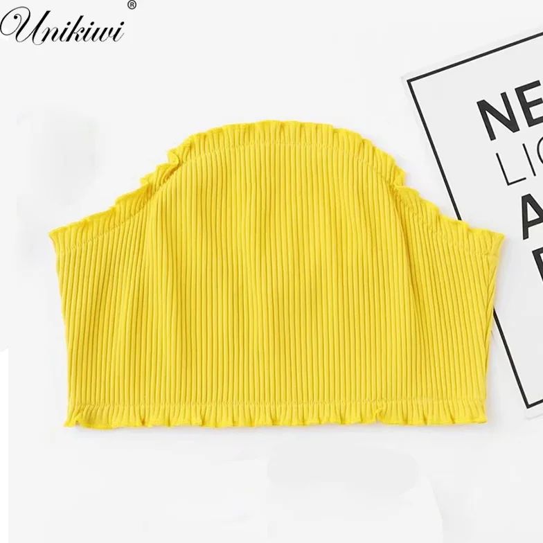 

Women's Ruffles Unlined Rib Fabric Tube Top Sexy Ladies Ribs Stringy Selvedge Bandeau Crop Top Wrap Chest Brassiere Boob Tube