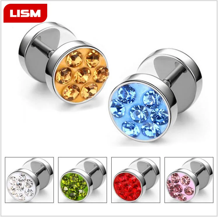 

Barbell Punk Ear Studs Trendy Round Stainless Steel Crystal Rhinestone Stud Earrings For Women or Men
