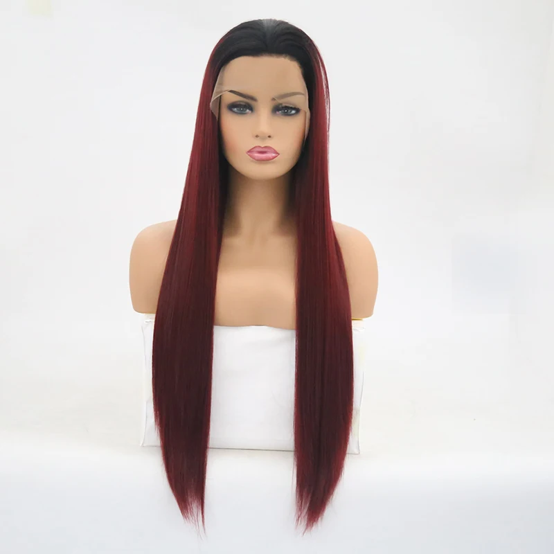 QQXCAIW для женщин Glueless длинные прямые светлые черные кружевные передние парики Черный Омбре термостойкие синтетические натуральные волосы парики