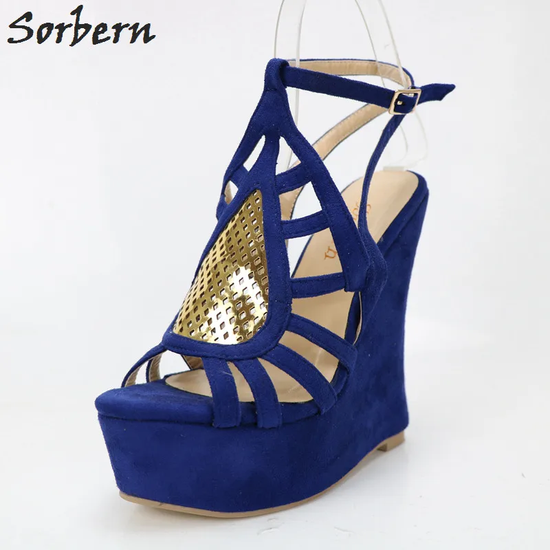 

Sorbern Blue Women Wedge High Heel Sandals For Women Mesh Ankle Straps Open Toe Custom Wedges Shoes For Women Ladies Sandals