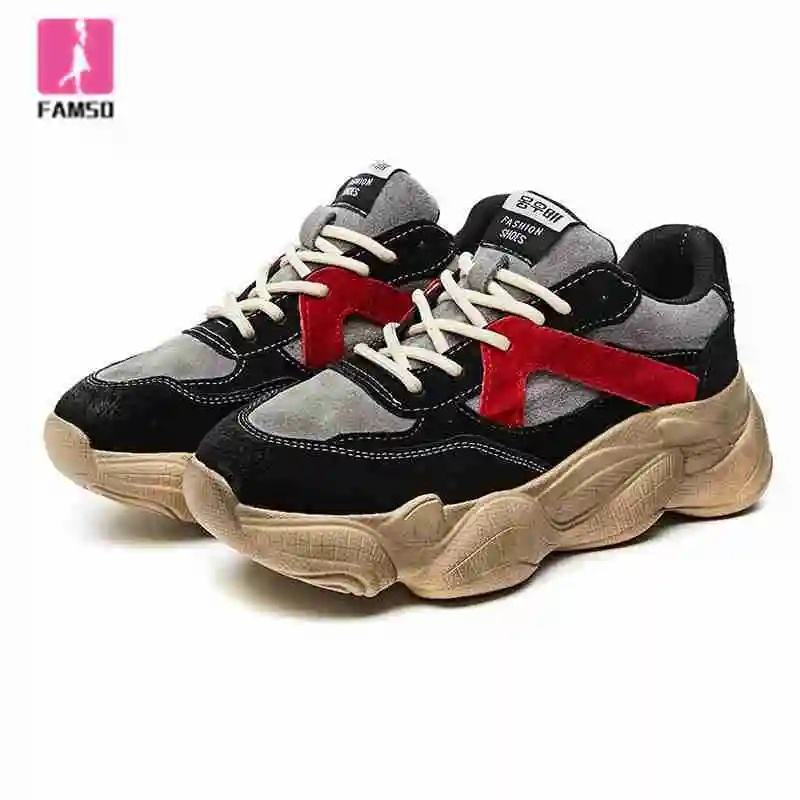 

FAMSO 2019 New Arrival Women Sneakers Retro Style soft and breathable Cow Suede Lace-up Mixed Color Tide Shoes womens trainers