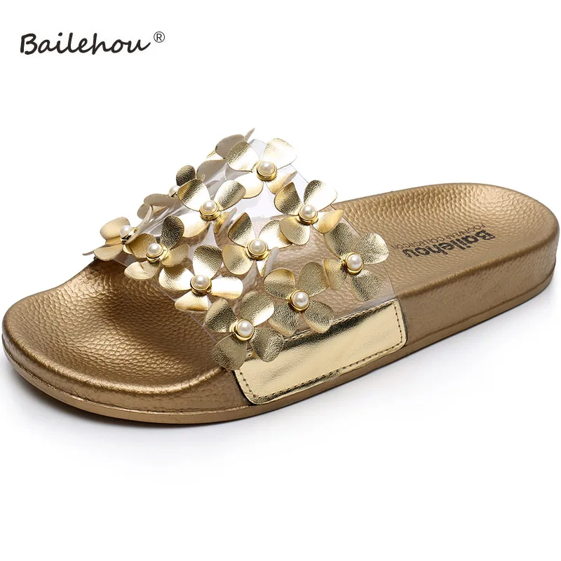 Bailehou/женские шлепанцы; пляжные вьетнамки; женская обувь с золотыми цветами; женские модные домашние тапочки; Новинка - Цвет: Золотой