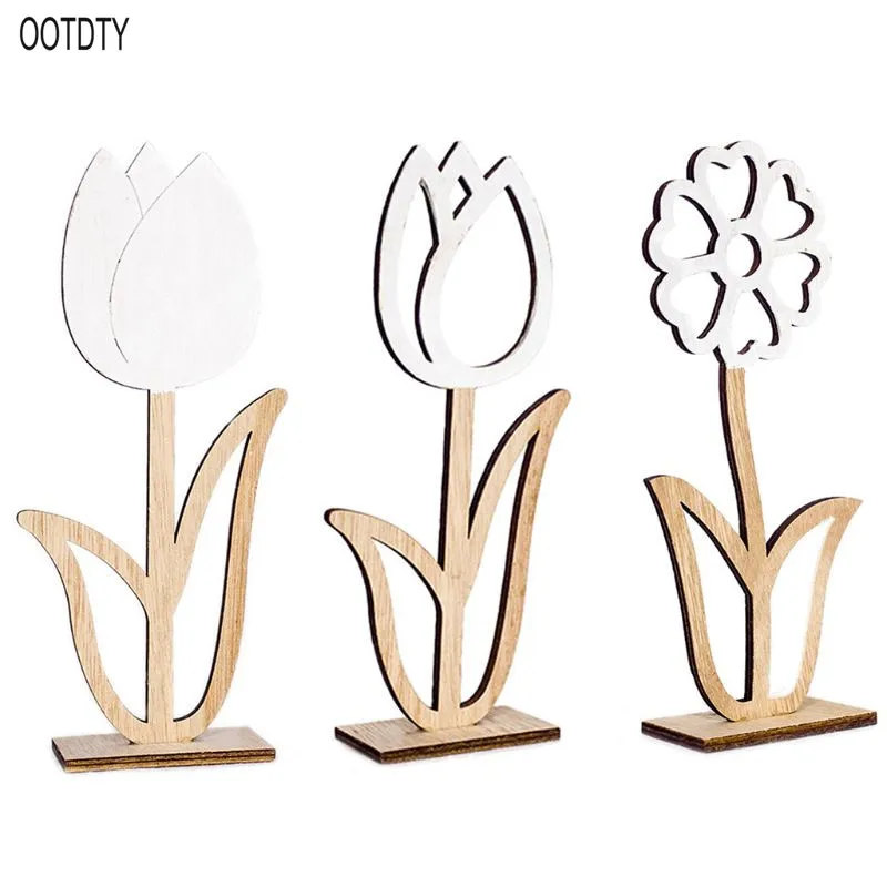 

Easter Desktop Decoration Nordic Style Plain Wooden Craft Hollow Out Tulip Flower Shape Display Gift DIY Home Office Ornaments T