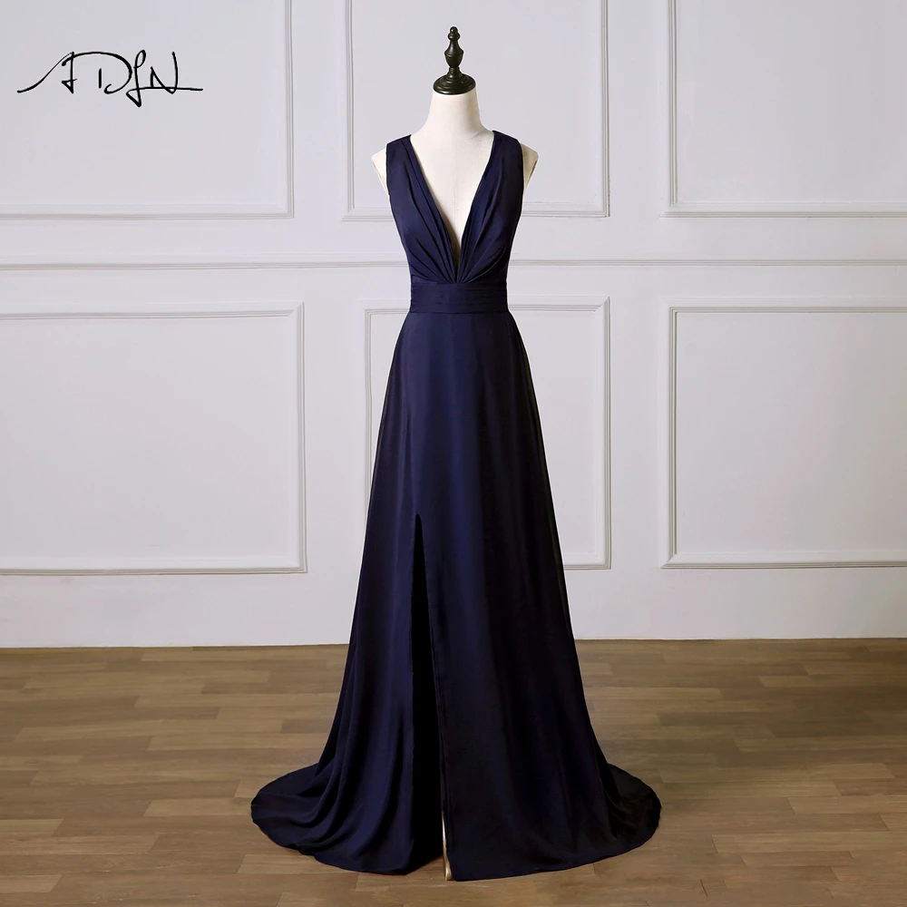 ADLN глубокий v-образный вырез темно-синее вечернее платье с разрезом сбоку шифоновое Вечерние платье для выпускного вечера платье с