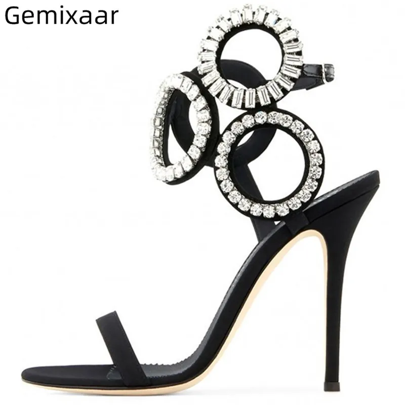 

Summer Hot Sale Woman Sandals One Strap Ankle Buckle Decor Crystal Rings Party Shoes High Stiletto Heel New Coming Woman Sandals
