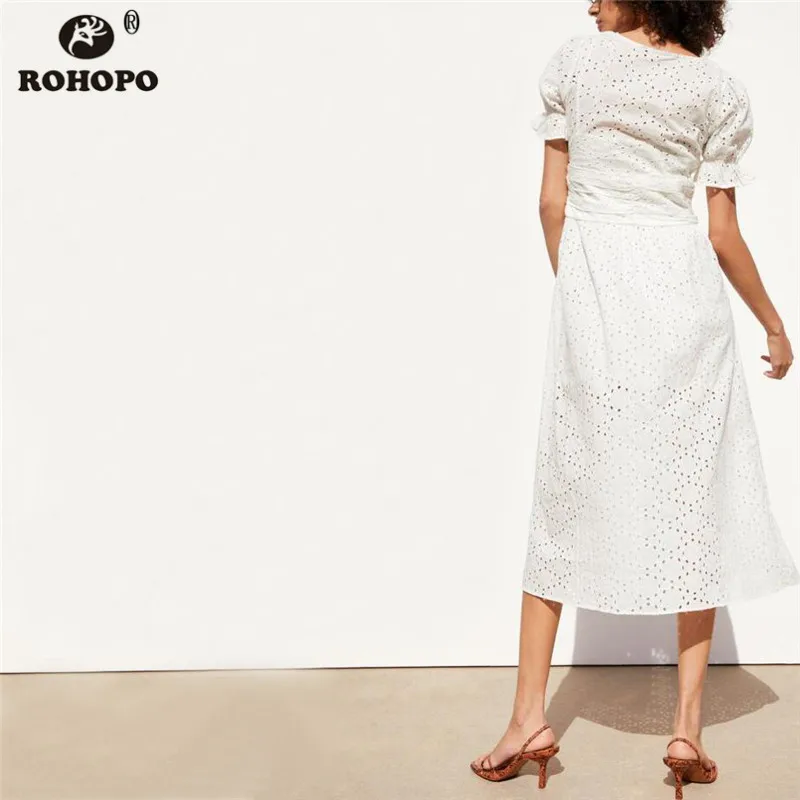 ROHOPO Summer Cotton White Pleated Dress Hollow Preppy Girl Cute Tunic Lace Buttons Fly Maxi Dress Embroidery Floral #CW9071