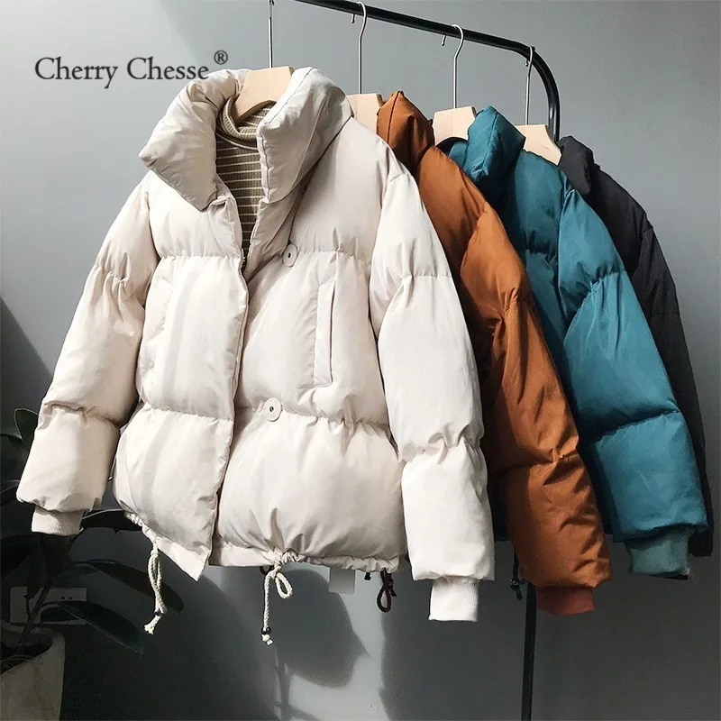 Cherry Chesse Women Winter Thick Parkas Long Sleeve Drawstring Button Pocket Turn Down Collar Padded Female Warm Coat Fashion Cherry Chesse Women Winter Thick Parkas Long Sleeve Drawstring Button Pocket Turn Down Collar Padded Female Warm Coat Fashion