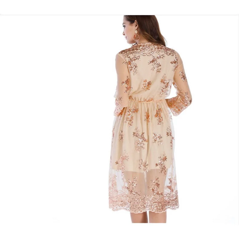 2019 جديد الربيع الصيف مطرزة العميق الخامس الرقبة اقتصاص كم مرونة الخصر مثير اللباس vestidos