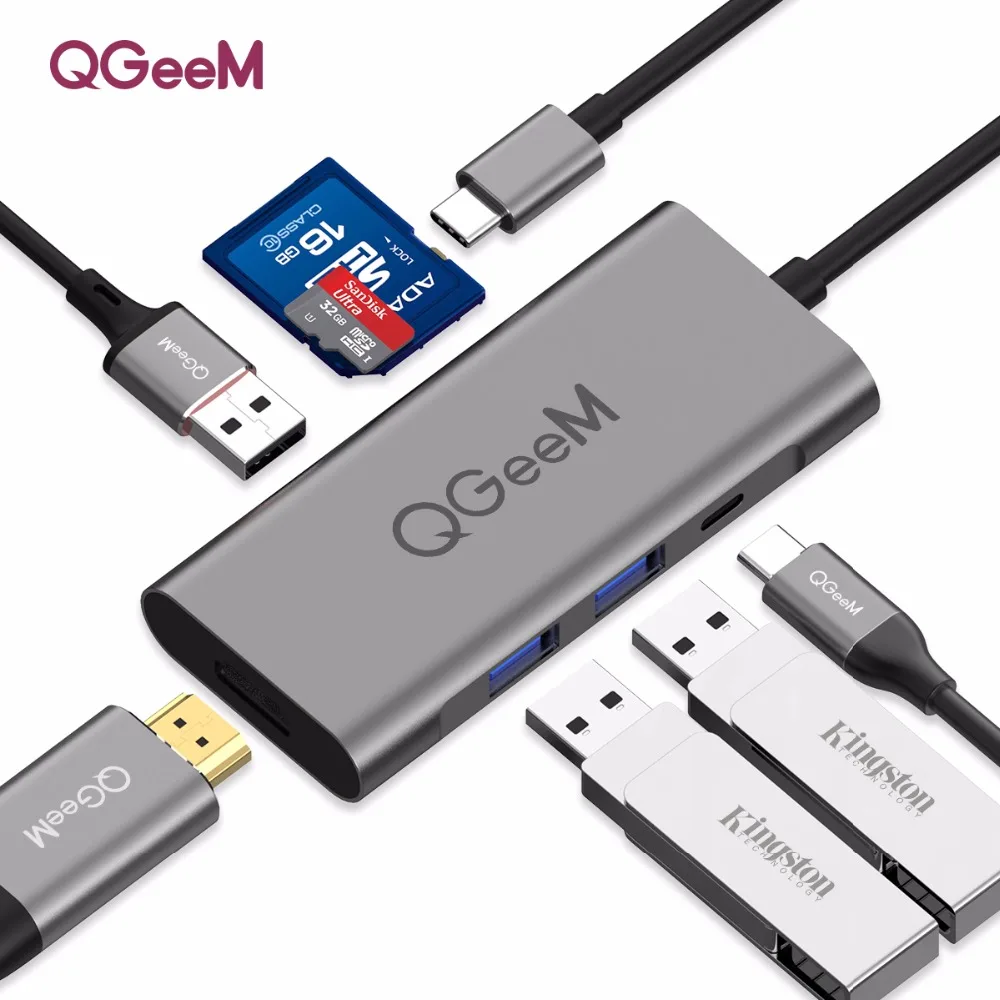 QGEEM usb-хаб USB C к HDMI RJ45 Thunderbolt 3 адаптер для MacBook samsung Galaxy S9/Note 9 huawei P20 Pro type C USB 3,0 концентратор - Цвет: 7 IN 1