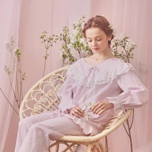 Новая осенняя женская пижама принцессы, комплект с длинными штанами, розовая и фиолетовая Пижама, ночная рубашка из хлопка, кружевная ночная рубашка