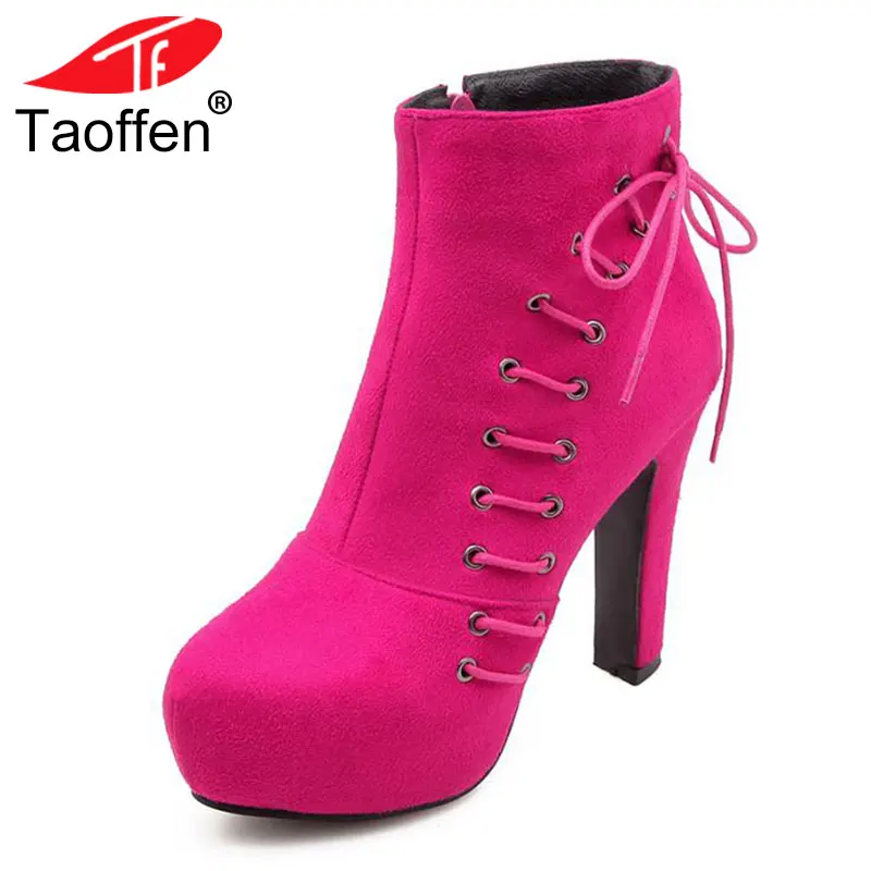 

TAOFFEN Size 34-43 Warm Boots Women Ankle Lace Up High Heel Short Boots Winter Female Platform Candy Color Woman Shoes