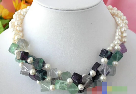 

FREE SHIPPING>@@> N3175 NATURAL 3ROW 18" WHITE ROUND FW PEARL CUBE FLUORITE NECKLACE