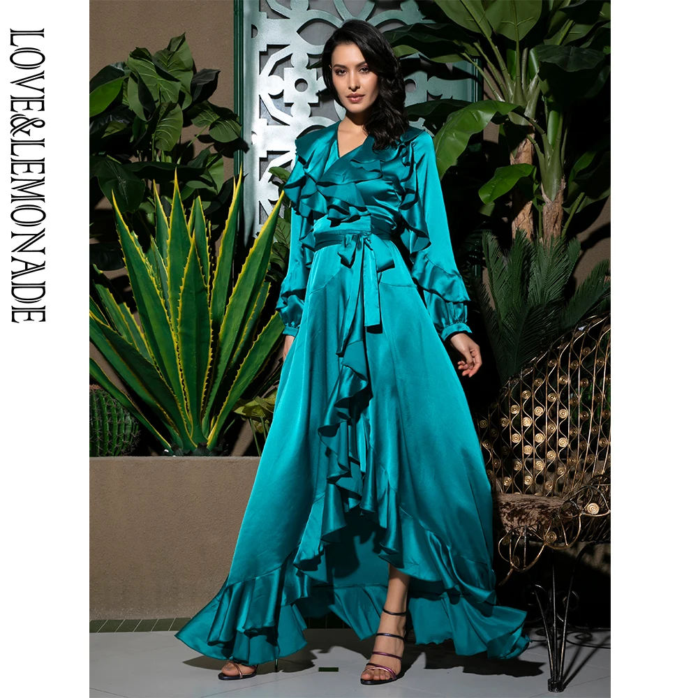 

LOVE&LEMONADE Sexy Green Deep V-Neck Cross Ruffle Decoration Lantern Sleeve Beach Maxi Dress LM81832