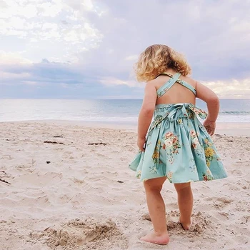 

Baby Girls Dress Brand Summer Beach Style Floral Printed Party Backless Dresses For Girls Vintage Toddler Girls Clothing 0-2Yrs
