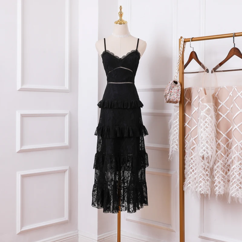 

New 2019 Seaside Resort Beach Female Summer Sexy Black Slender Lace Suspender Dress