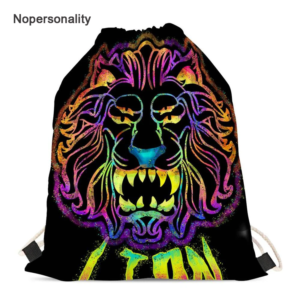 Nopersonality Neon Lion Print Drawstring Shoes Bag for Women Small Student Kids Girls Storage Backpack String
