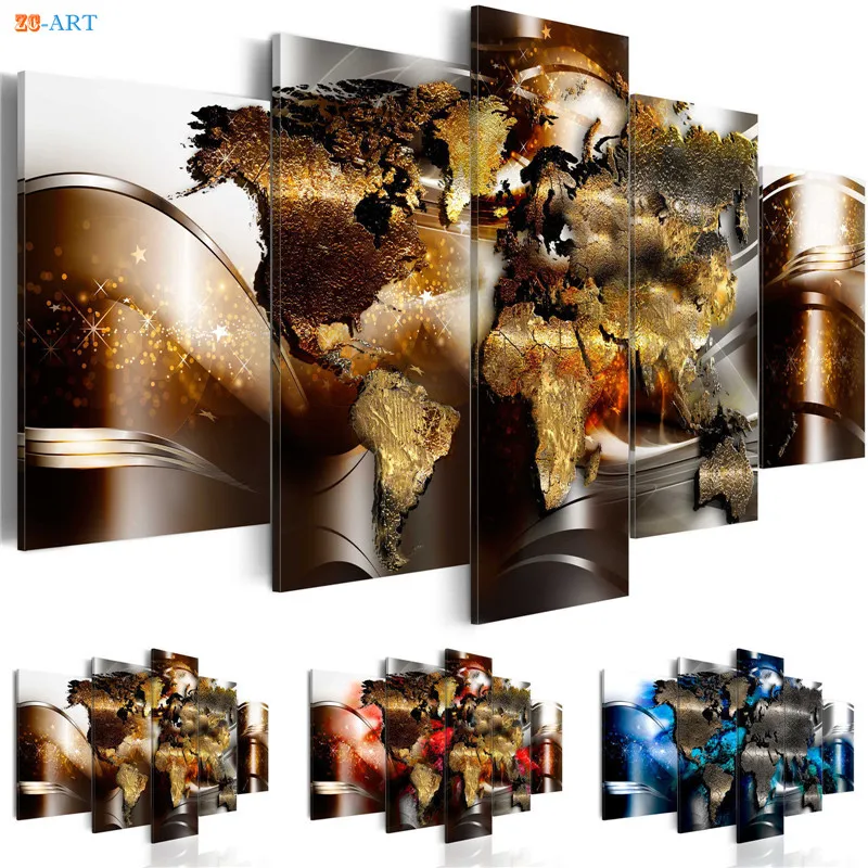 

World Map Prints Poster Wall Painting 5 Pieces Modern Canvas Art Modular Pictures for Office or Living Room Home Decor