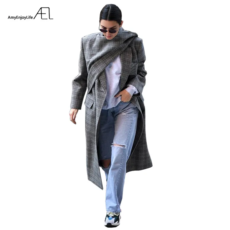 

AEL Female Irregular Woolen Overcoat Winter scarf collar Runway Customized Women's Clothing Grey lattice